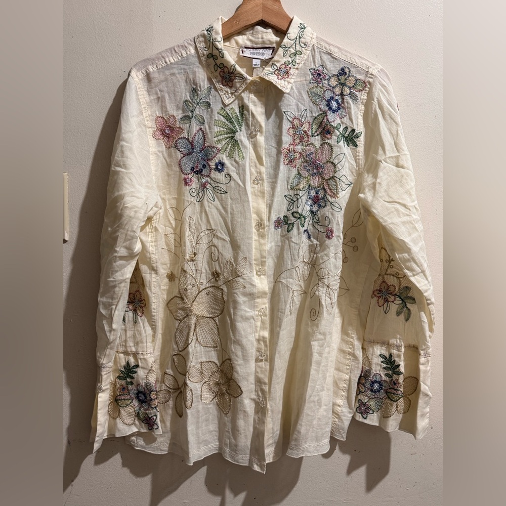 Embroidered Floral Cream Button-Up Blouse